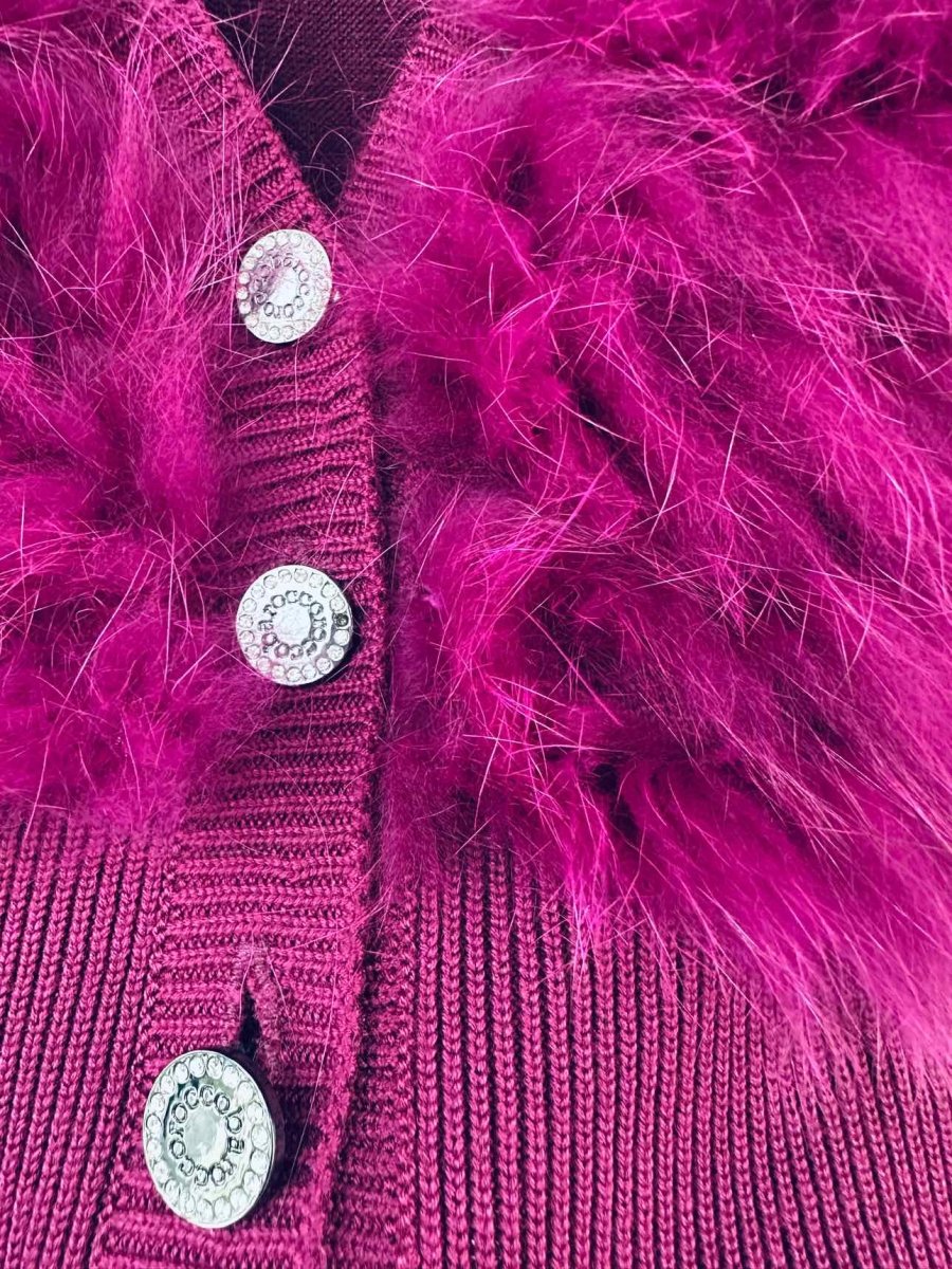 Pre - loved ROCCO BAROCCO Fur Trim Pink Cardigan at Reems Closet