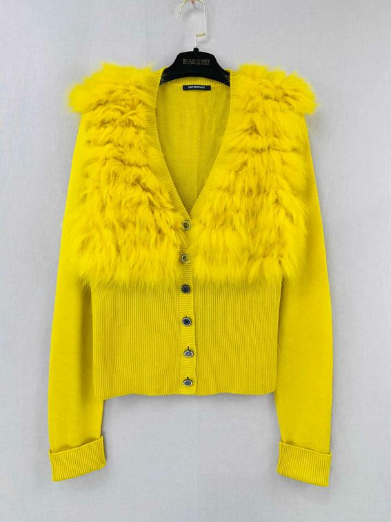 Pre - loved ROCCO BAROCCO Fur Trim Yellow Cardigan at Reems Closet