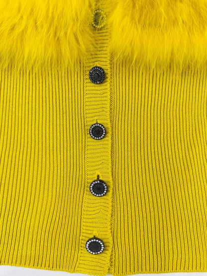 Pre - loved ROCCO BAROCCO Fur Trim Yellow Cardigan at Reems Closet