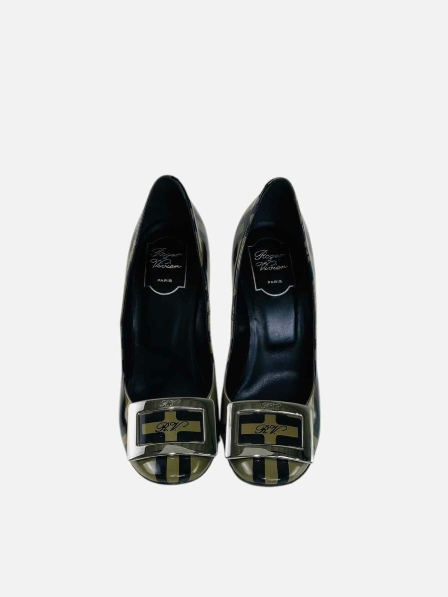 Pre - loved ROGER VIVIER Trompette Khaki & Black Size EU 39.5 Pumps at Reems Closet
