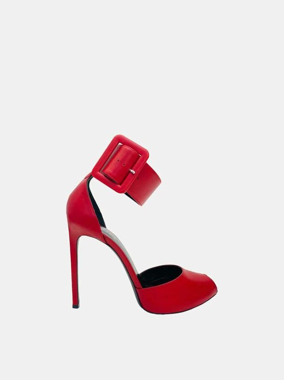 Pre - loved SAINT LAURENT Ankle Cuff Red Heeled Sandals at Reems Closet