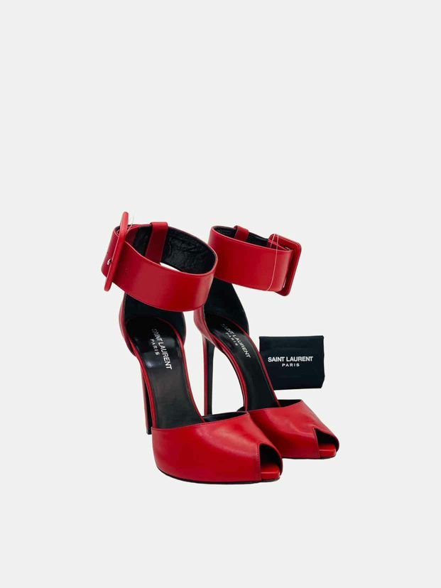 Pre - loved SAINT LAURENT Ankle Cuff Red Heeled Sandals at Reems Closet