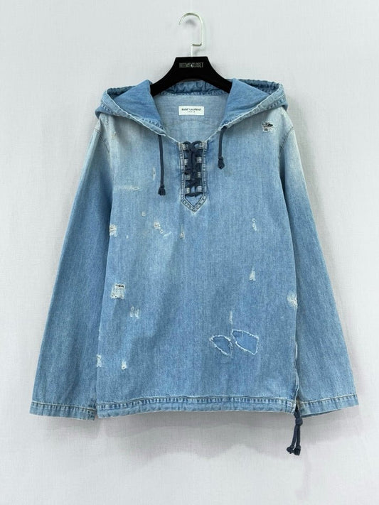 Pre - loved SAINT LAURENT Distessed Denim Blue Hoodie at Reems Closet