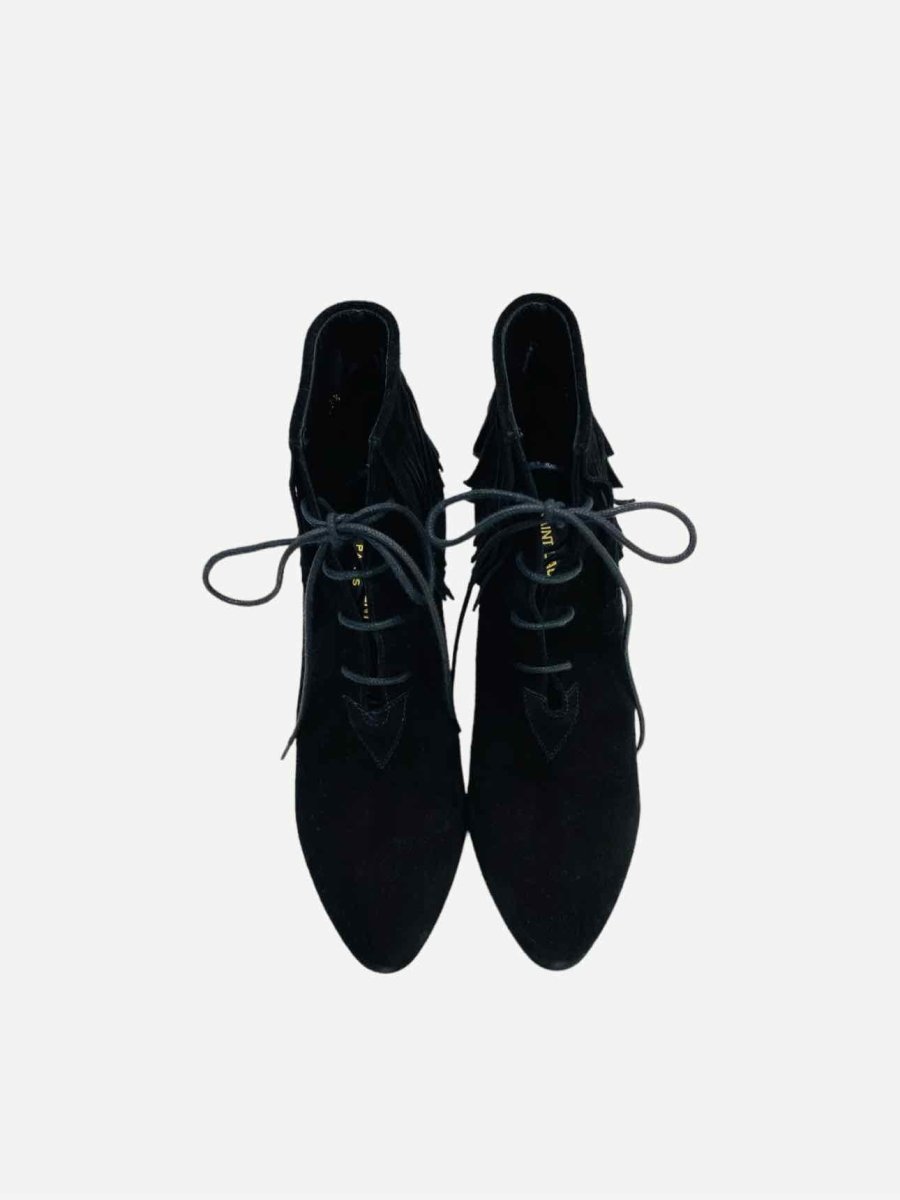 Pre - loved SAINT LAURENT Lace Up Black Tassel Ankle Boots at Reems Closet