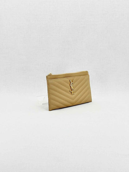 Pre - loved SAINT LAURENT Monogram Beige Quilted Pouch at Reems Closet