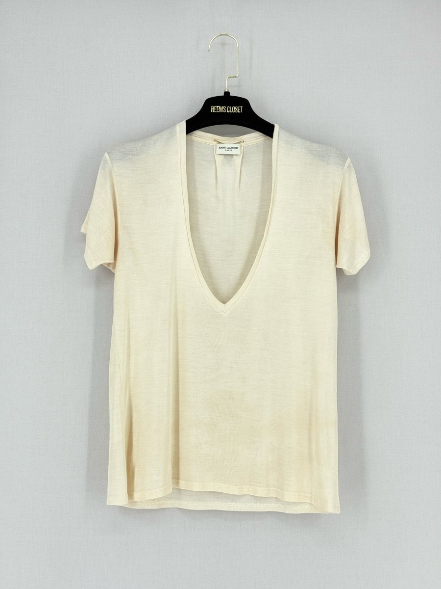 Pre - loved SAINT LAURENT Plisse Cream Size Medium T-shirt at Reems Closet