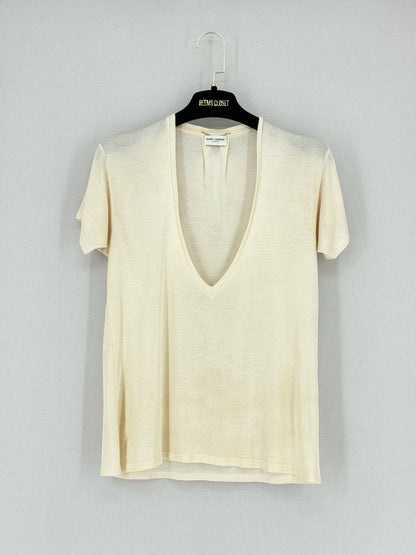 Pre - loved SAINT LAURENT Plisse Cream Size Medium T-shirt at Reems Closet