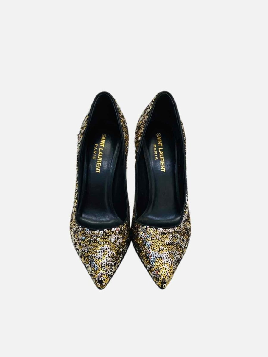 Pre - loved SAINT LAURENT Sequin Embellished Gold & Silver Pumps 35 at Reems Closet