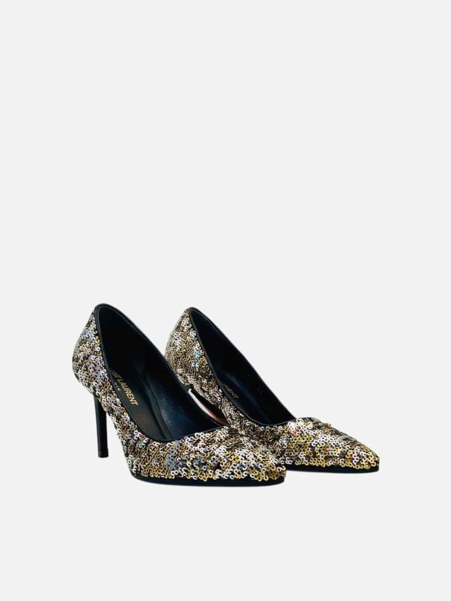 Pre - loved SAINT LAURENT Sequin Embellished Gold & Silver Pumps 35 at Reems Closet