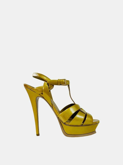 Pre - loved SAINT LAURENT Tribute Mustard Textured Heeled Sandals at Reems Closet