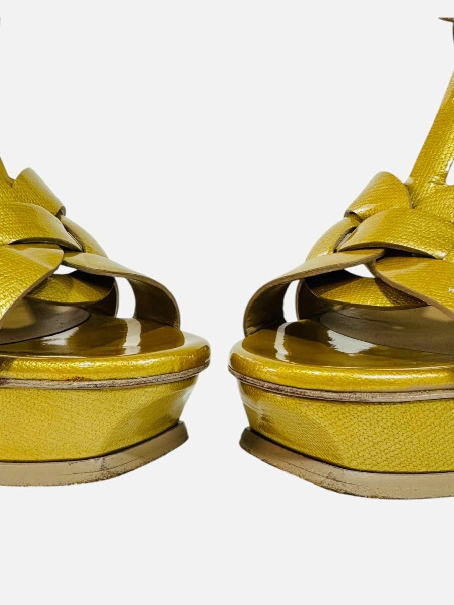 Pre - loved SAINT LAURENT Tribute Mustard Textured Heeled Sandals at Reems Closet