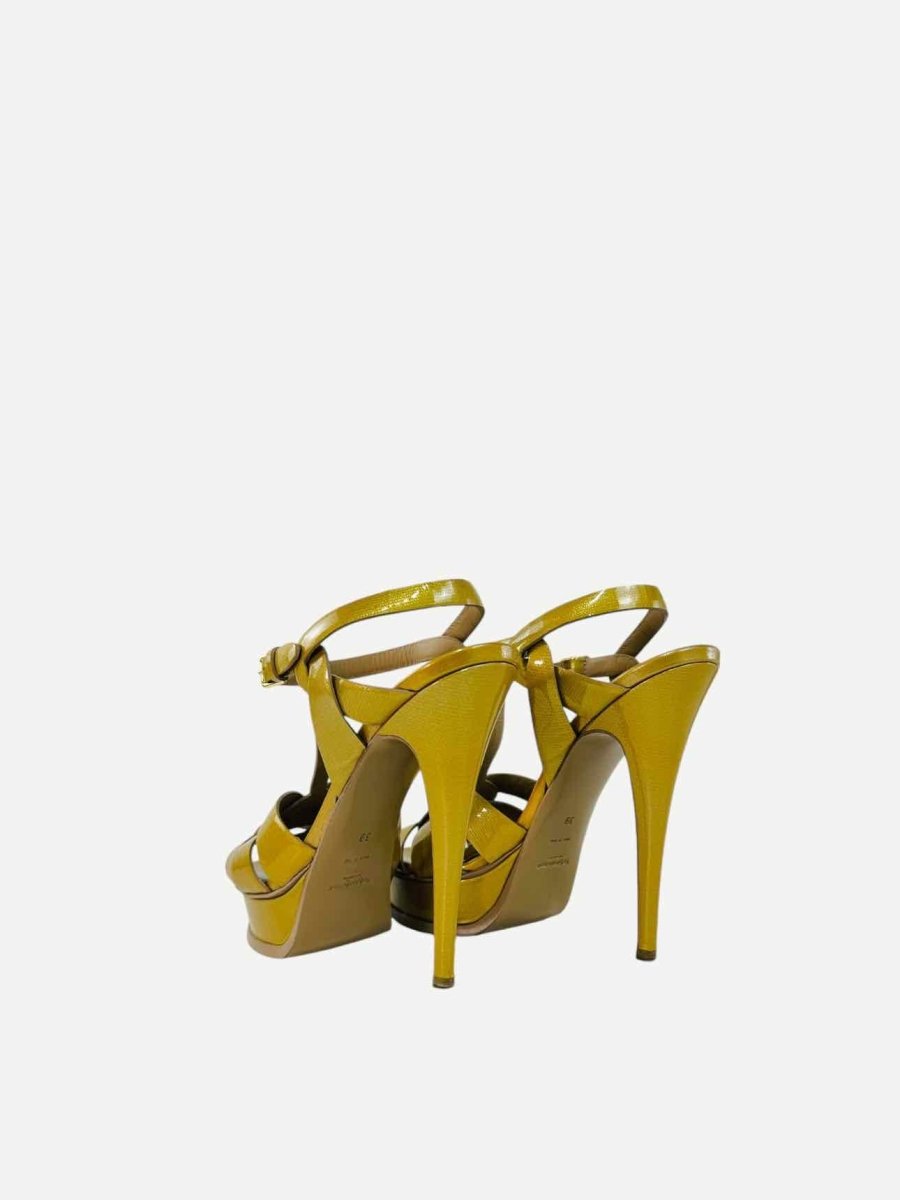 Pre - loved SAINT LAURENT Tribute Mustard Textured Heeled Sandals at Reems Closet