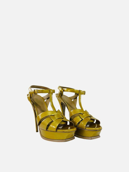 Pre - loved SAINT LAURENT Tribute Mustard Textured Heeled Sandals at Reems Closet