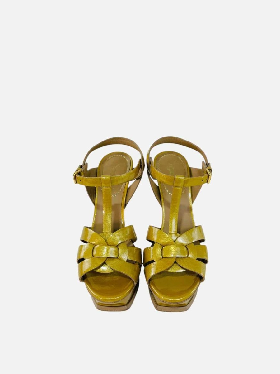 Pre - loved SAINT LAURENT Tribute Mustard Textured Heeled Sandals at Reems Closet