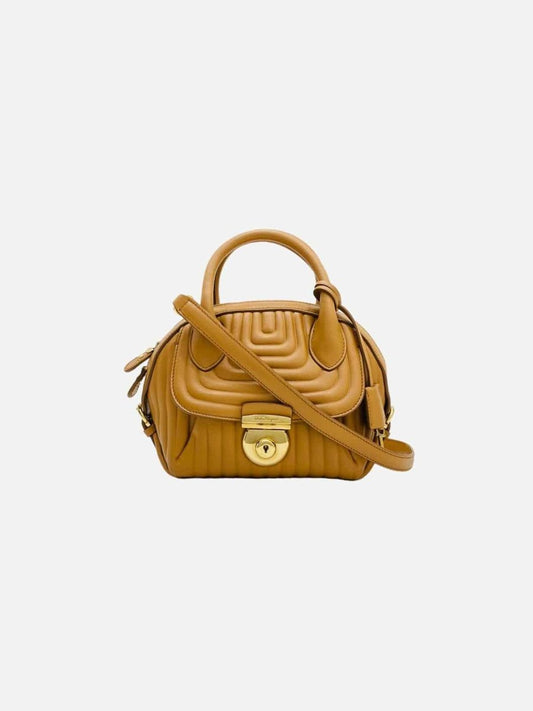 Pre - loved SALVATORE FERRAGAMO Fiamma Tan Quilted Satchel at Reems Closet