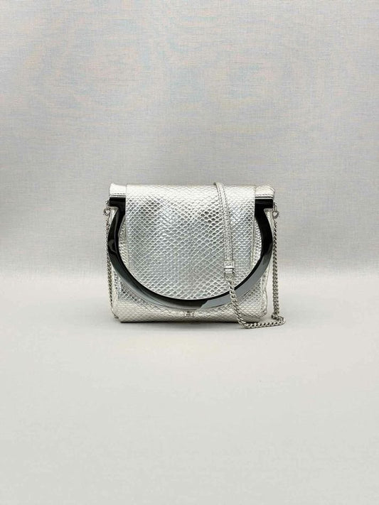 Pre-loved SALVATORE FERRAGAMO Framy Metallic Silver Clutch at Reems Closet