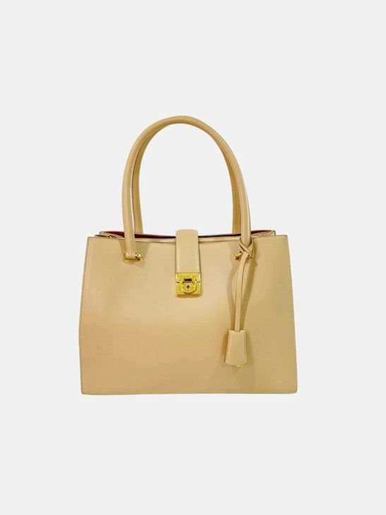 Pre - loved SALVATORE FERRAGAMO Gancini Lock Beige Tote Bag at Reems Closet