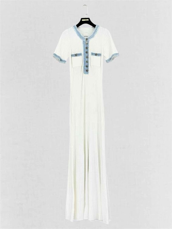 Pre-loved SANDRO Alecia White w/ Blue Size US 4 Long Dress at Reems Closet