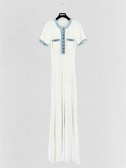 Pre-loved SANDRO Alecia White w/ Blue Size US 4 Long Dress at Reems Closet