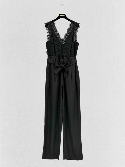 Pre-loved SANDRO Alexis Black Lace Detail Size US 6 Jumpsuit at Reems Closet
