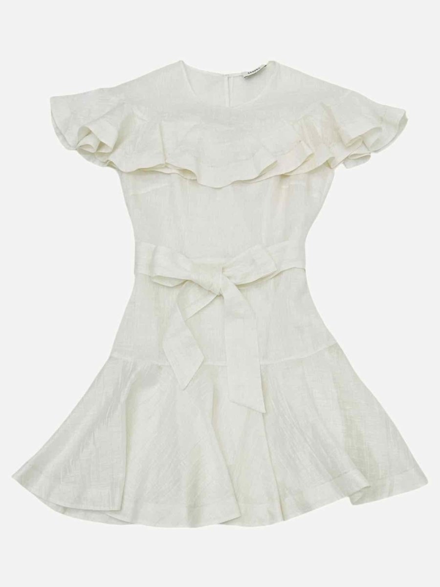 Pre - loved SANDRO Belted White Short Dress at Reems Closet