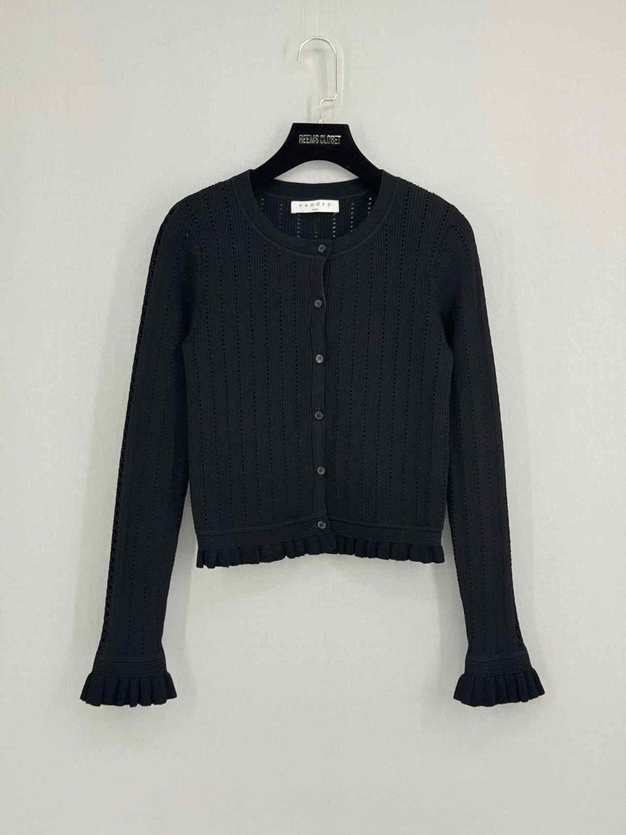 Pre - loved SANDRO Black Ruffled Trim Size US 8 Sweater at Reems Closet