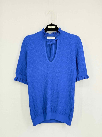Pre - loved SANDRO Blue Ruffled Trim Size Small Sweater at Reems Closet