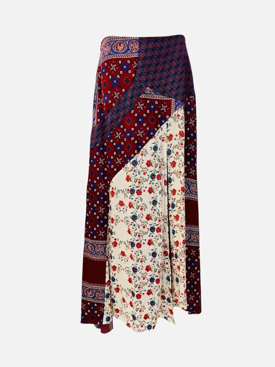 Pre - loved SANDRO Burgundy Multicolor Patchwork Midi Skirt at Reems Closet