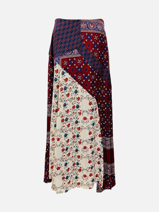 Pre - loved SANDRO Burgundy Multicolor Patchwork Midi Skirt at Reems Closet