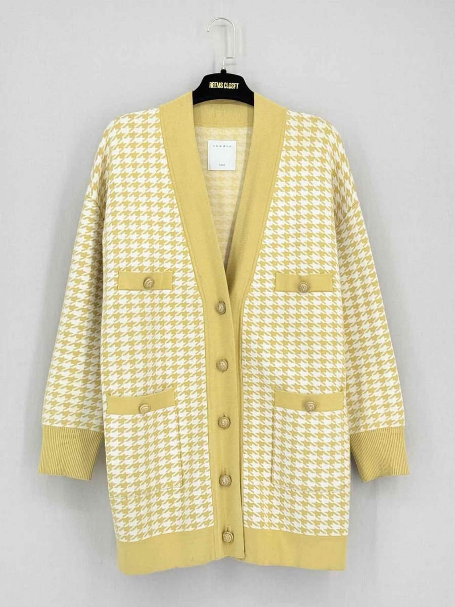 Pre - loved SANDRO Mustard & White Houndstooth Size US 10 Cardigan at Reems Closet