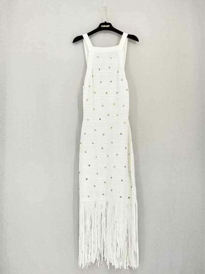 Pre-loved SANDRO Pocca White Fringed Size Small Midi Dress at Reems Closet