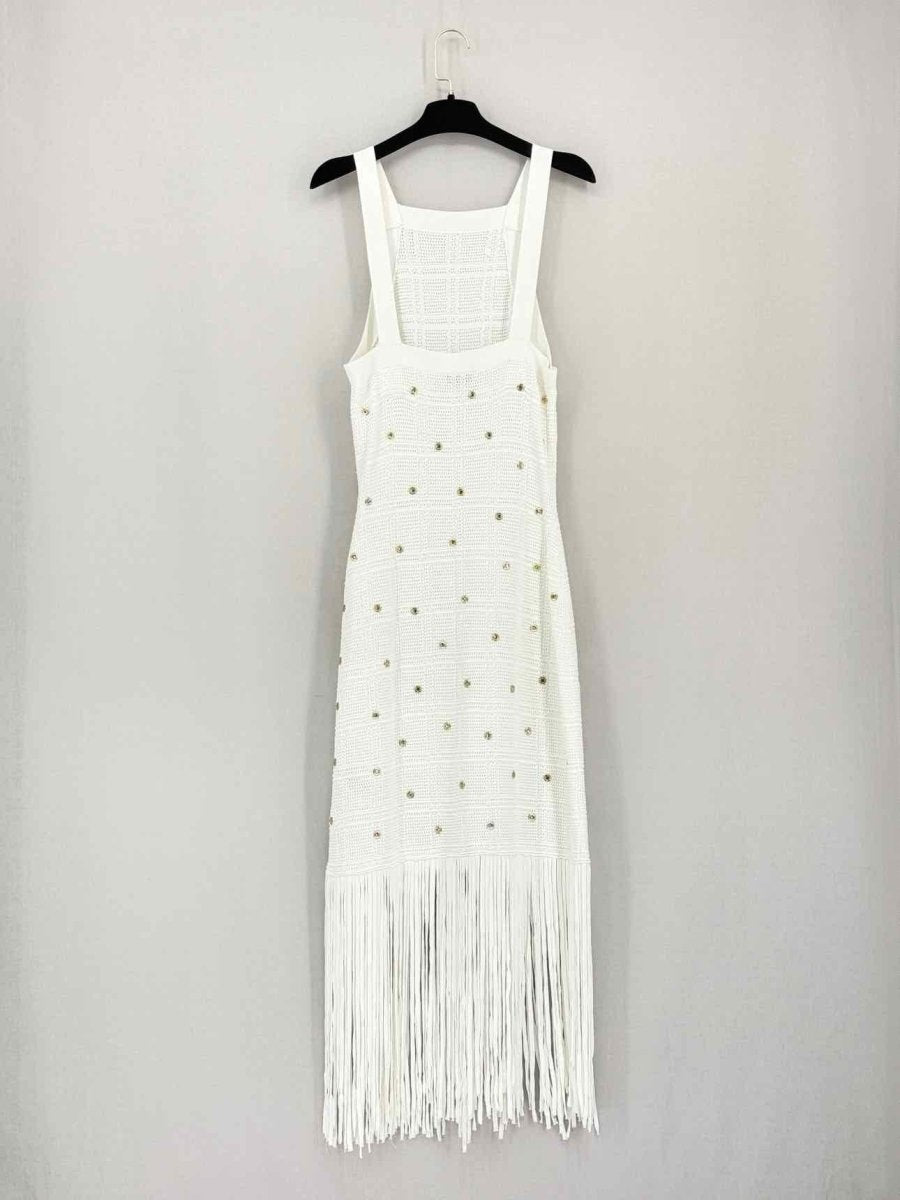Pre-loved SANDRO Pocca White Fringed Size Small Midi Dress at Reems Closet