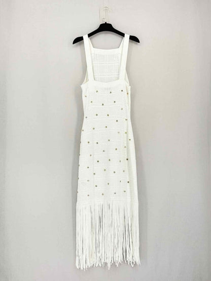 Pre-loved SANDRO Pocca White Fringed Size Small Midi Dress at Reems Closet