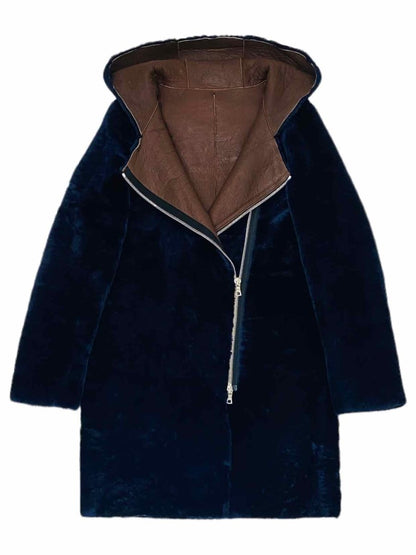 Pre - loved SANDRO Reversible Navy Blue & Brown Coat at Reems Closet