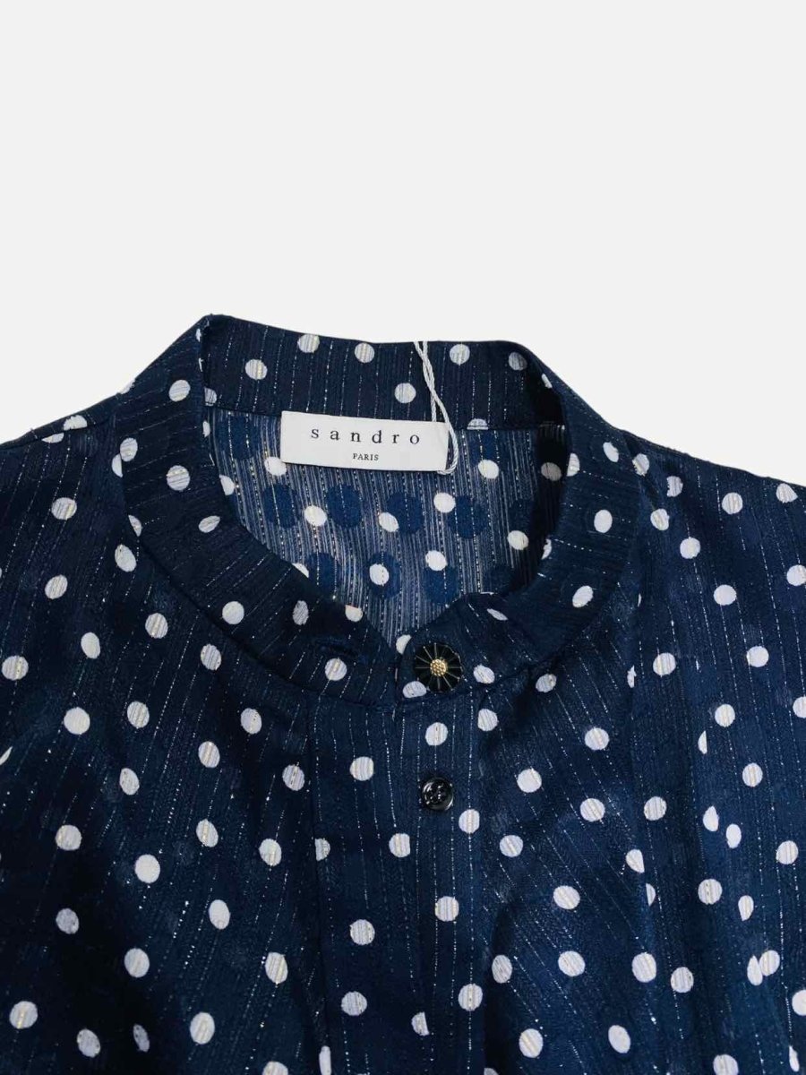 SANDRO Sheer Navy Blue White Polka Dot Blouse Reems Closet