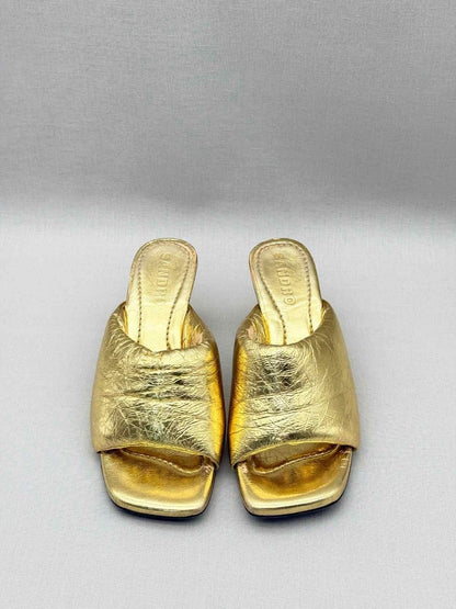 Pre-loved SANDRO Spool Heel Metallic Gold Size EU 39 Mules at Reems Closet