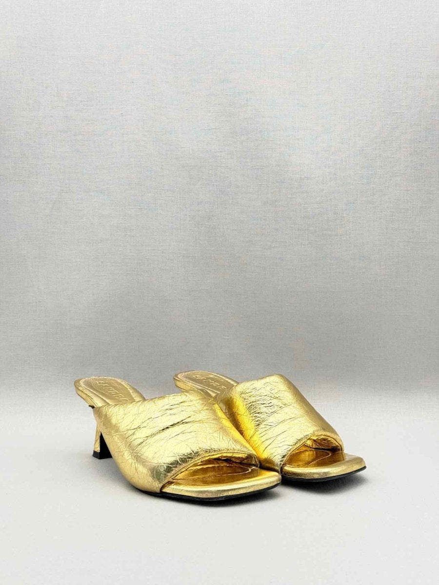 Pre-loved SANDRO Spool Heel Metallic Gold Size EU 39 Mules at Reems Closet