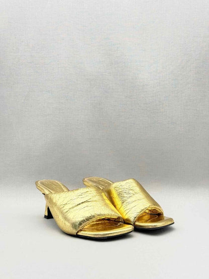 Pre-loved SANDRO Spool Heel Metallic Gold Size EU 39 Mules at Reems Closet