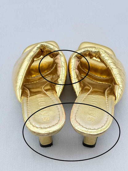 Pre-loved SANDRO Spool Heel Metallic Gold Size EU 39 Mules at Reems Closet