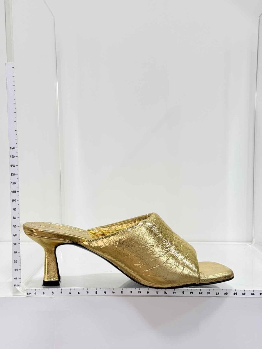 Pre-loved SANDRO Spool Heel Metallic Gold Size EU 39 Mules at Reems Closet