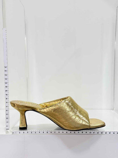 Pre-loved SANDRO Spool Heel Metallic Gold Size EU 39 Mules at Reems Closet