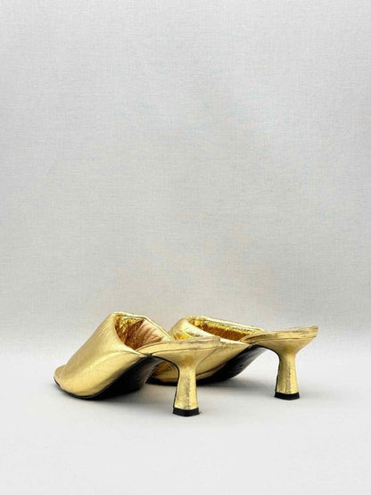 Pre-loved SANDRO Spool Heel Metallic Gold Size EU 39 Mules at Reems Closet