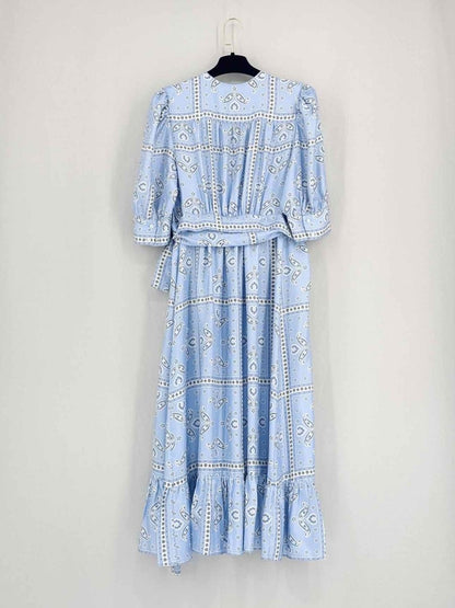 Pre-loved SANDRO Wrap Blue Multicolor Size Large Midi Dress at Reems Closet