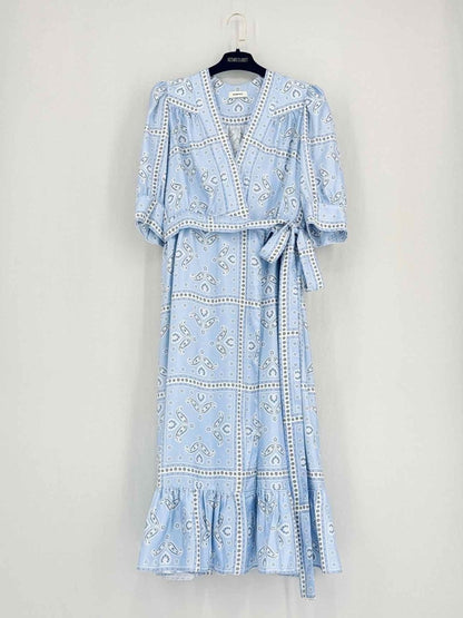 Pre - loved SANDRO Wrap Blue Multicolor Size Large Midi Dress at Reems Closet
