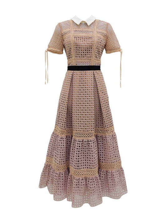 Pre - loved SELF - PORTRAIT Dusky Pink & Brown Size US 0 Midi Dress at Reems Closet