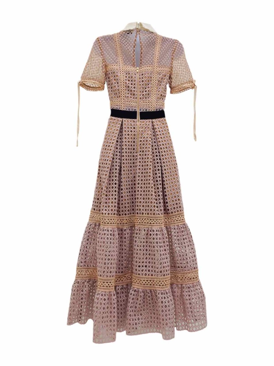 Pre - loved SELF - PORTRAIT Dusky Pink & Brown Size US 0 Midi Dress at Reems Closet