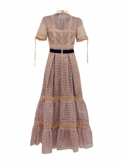 Pre - loved SELF - PORTRAIT Dusky Pink & Brown Size US 0 Midi Dress at Reems Closet