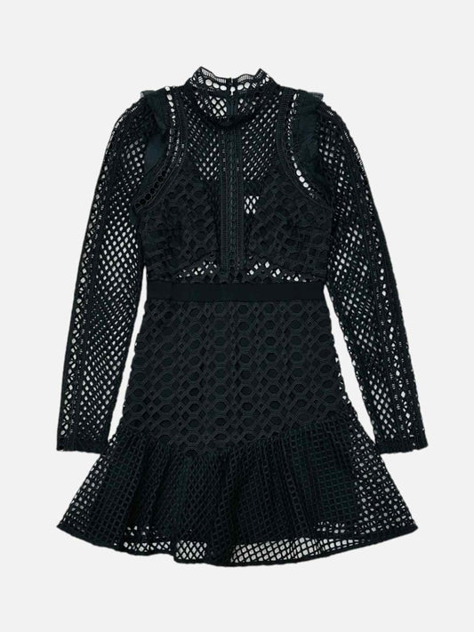 Pre - loved SELF - PORTRAIT Hall Guipure Black Lace Mini Dress at Reems Closet