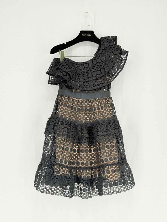 Pre - loved SELF - PORTRAIT One Shoulder Black Size US 0 Short Dress at Reems Closet