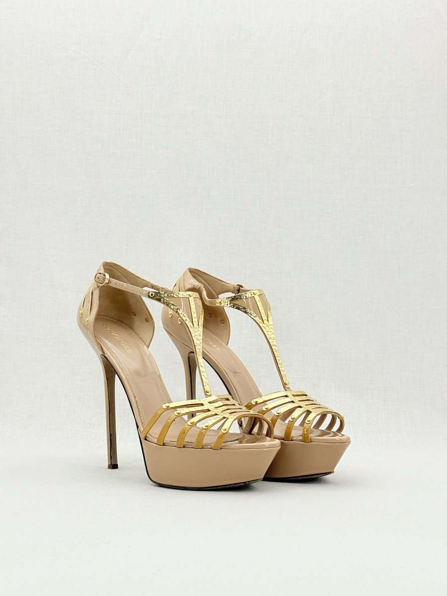 Pre - loved SERGIO ROSSI Beige & Gold Size EU 40 Heeled Sandals at Reems Closet